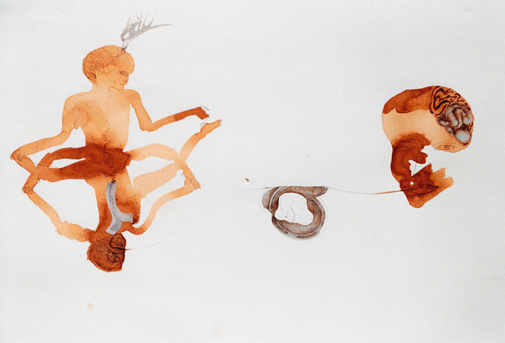 SchwarzTee Zeichnung " Wenn die Mißbildung der Virchow Sammlung zu Göttern werden", 1998
